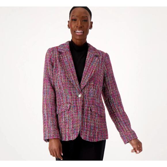 Dennis by Dennis Basso Notch Lapel Tweed Blazer Fuchsia Multi Women's Size US 16 - Picture 1 of 16